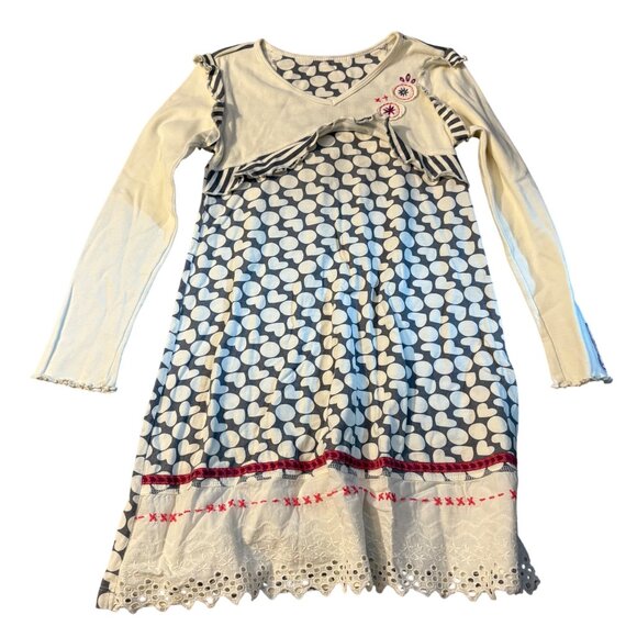 Naartjie Girls XL Size 7 Apple & Stripe Pattern Cotton Dress Long Sleeve - Picture 1 of 3